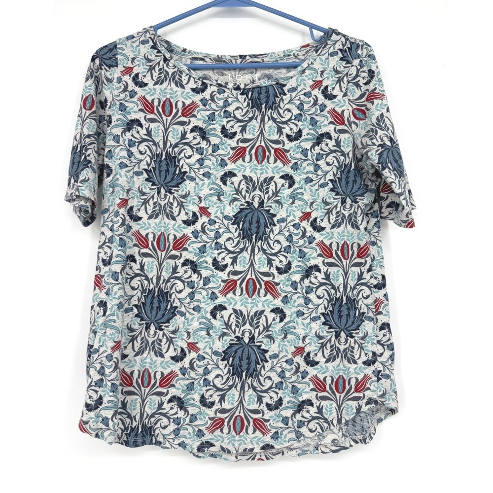 Ann Taylor LOFT Vintage Soft Damask Floral Print Cotton T-Shirt Blue Red Small
